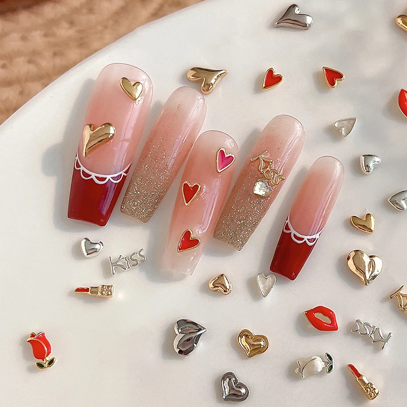 

5pcs Alloy Nail Art Charm 3d Heart Rose Red Lips Nail Decoration Diy Luxury Manicure Accessories