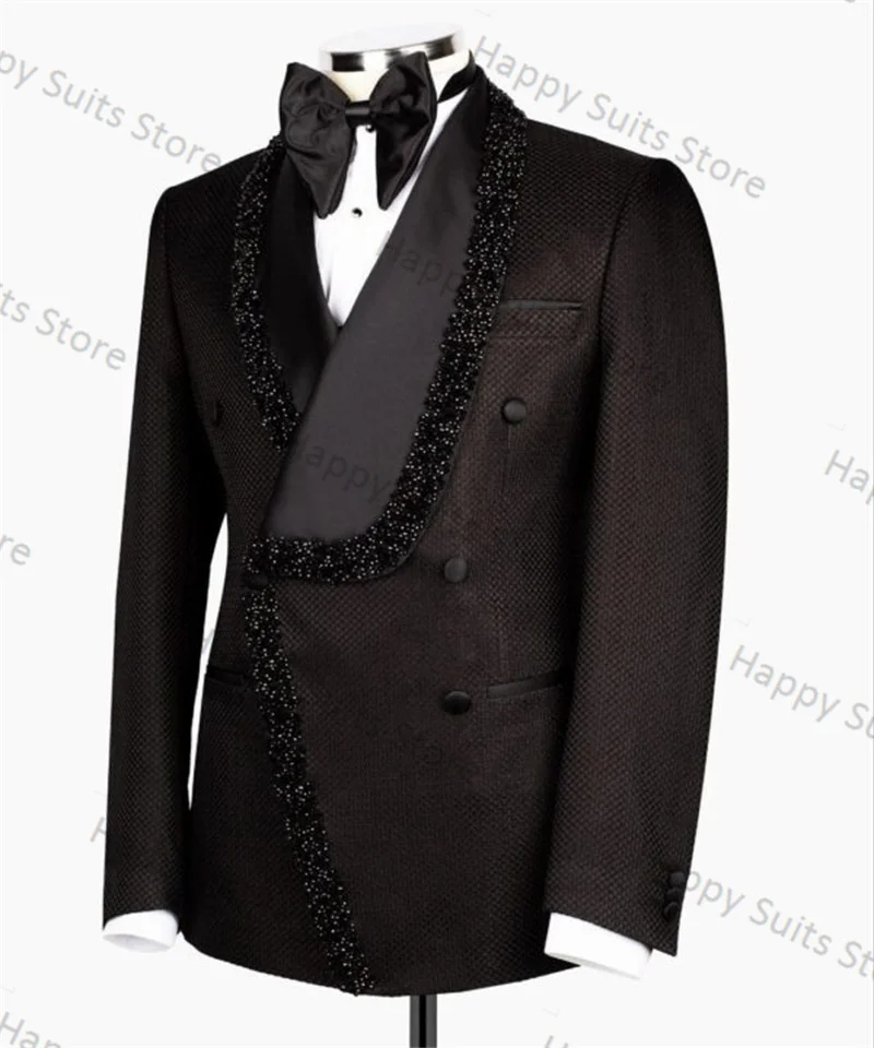 Luxury Crystals Men Suits Pants Set 2 Piece Black Blazer+Trousers Customized Wedding Tuxedo Formal Office Jacket Prom Dress