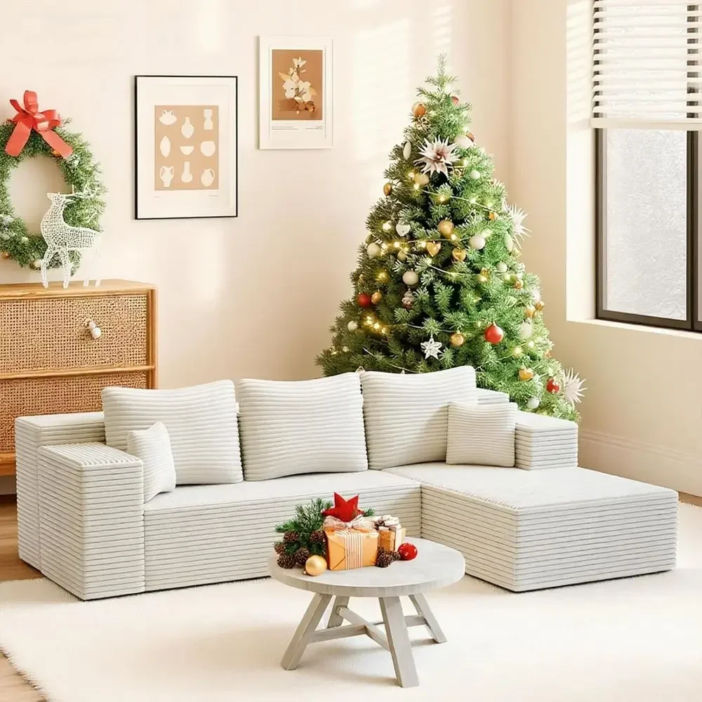 L-Shaped Sectional Sofa with Chaise Lounge, 4-in-1 Configurable, Plush Rabbit Fur & Layered Cushion, Deep Seating, No Assembly,