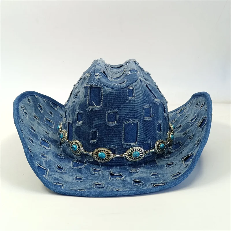 Fashionable Plaid Decorated Denim Bead Hat for Outdoor Travel And Holiday UV Protection Riding Horse Sunshade Cap