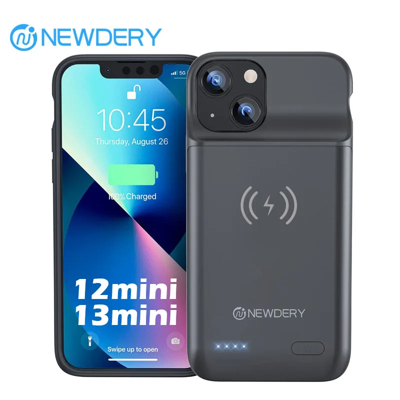 

NEWDERY Wireless Charging Battery Case for iPhone 13 Mini External Battery Portable Power Bank for iPhone 12 Mini Chargers Case