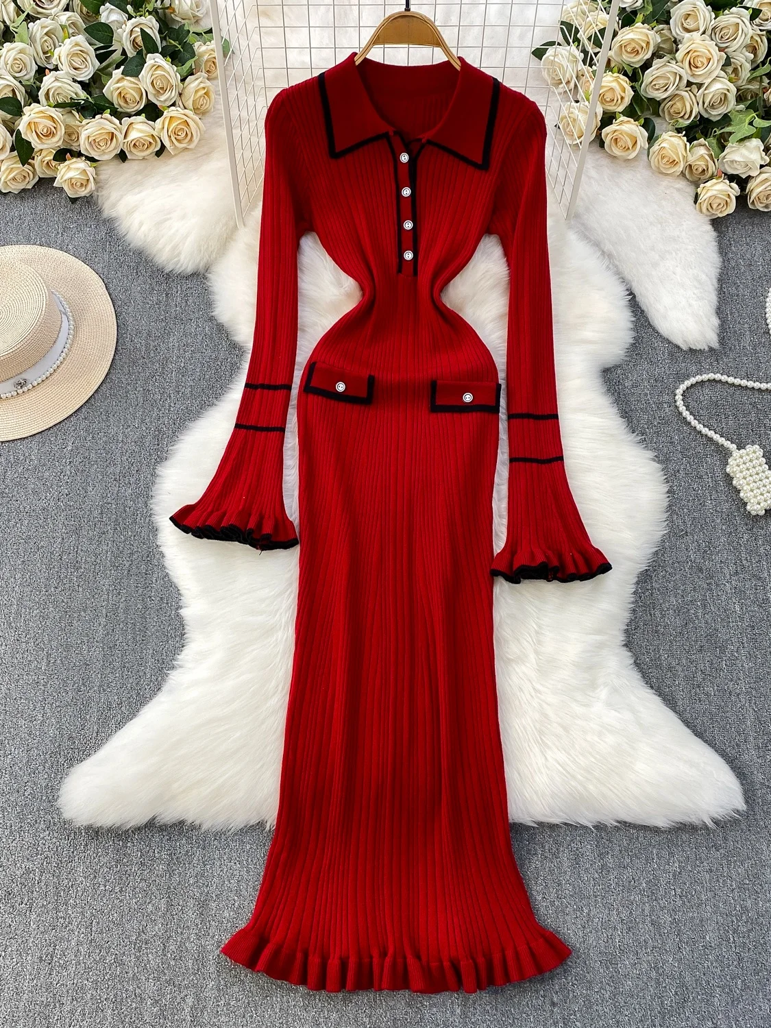 Ele Korean Sle Knitted Long Sve Striped Dr High Waist Fi Tail Design Button Detail Slimming Midi Dr for Women:Ele Korean Sle Knitted Long Sve Striped Dr High Waist Fi Tail Design Button Detail Slimming Midi Dr for Women:Koreański sweter z dzianiny, długi, w paski, z wysokim stanem, z ozdobnymi detalami, zapinany na guziki, wyszczuplający, midi, dla kobiet