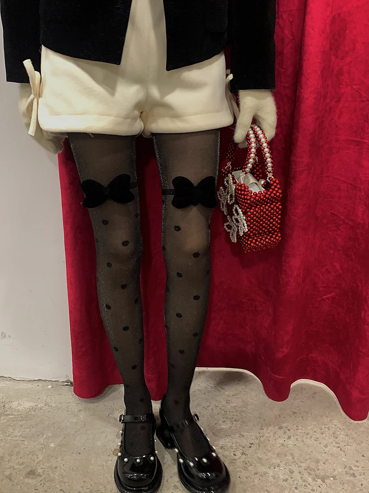 Design Pearlescent Polka Dot Black Stockings Girl Bow All-Match Bare-Leg Socks