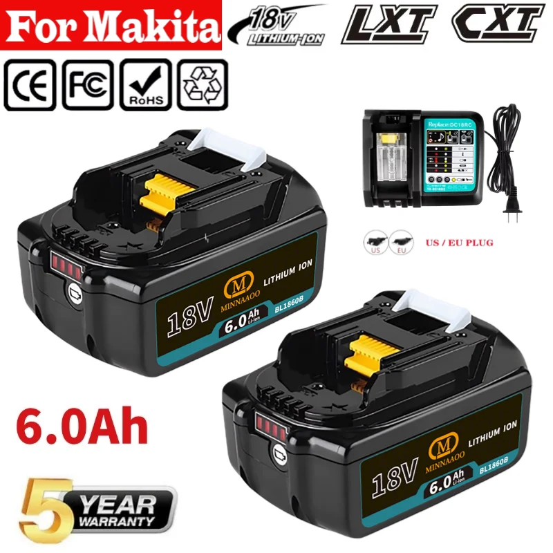 

New For Makita Rechargeable Power Tool Battery, Replaceable LED Lithium-ion 6.0 Ah 18V LXT BL1860B BL1860BL1850 BL1830