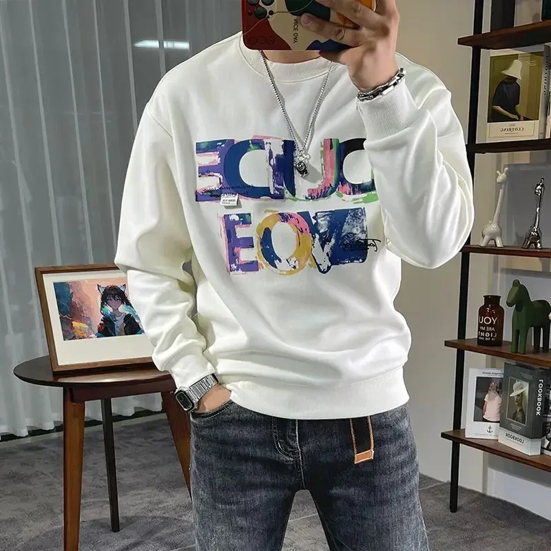 New Male Pullover Round Neck Sweatshirt Printed Harajuku Fashion Men's T-shirts High Brand Tee Full Sleeve Sale Elasticity Size