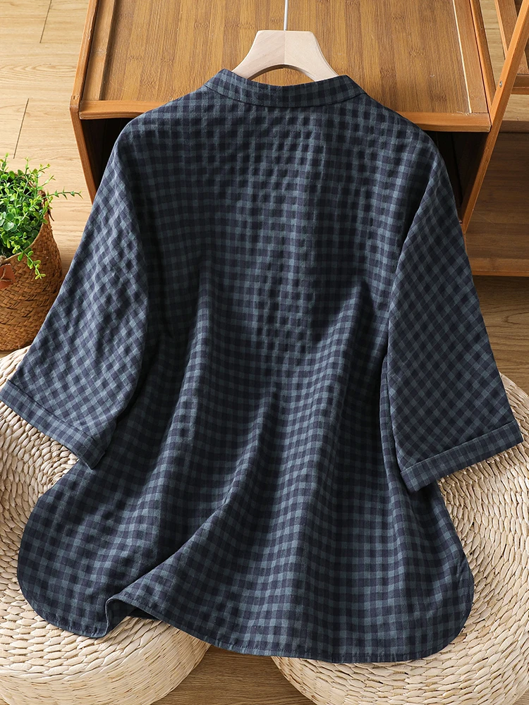 Chinese Style Cotton Linen Plaid Shirt Women's Summer Thin Breathable Slimming Zen Top Half Sleeve Stand Collar Traditional D...