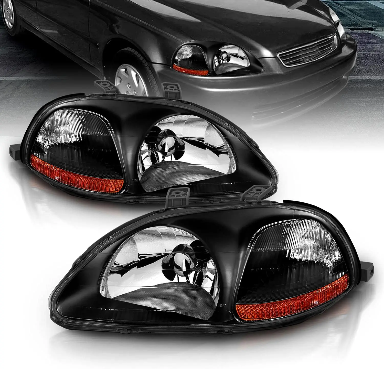 

Sulinso Black Replacement Headlights Set For 96-98 Honda Civic - Passenger and Driver Side