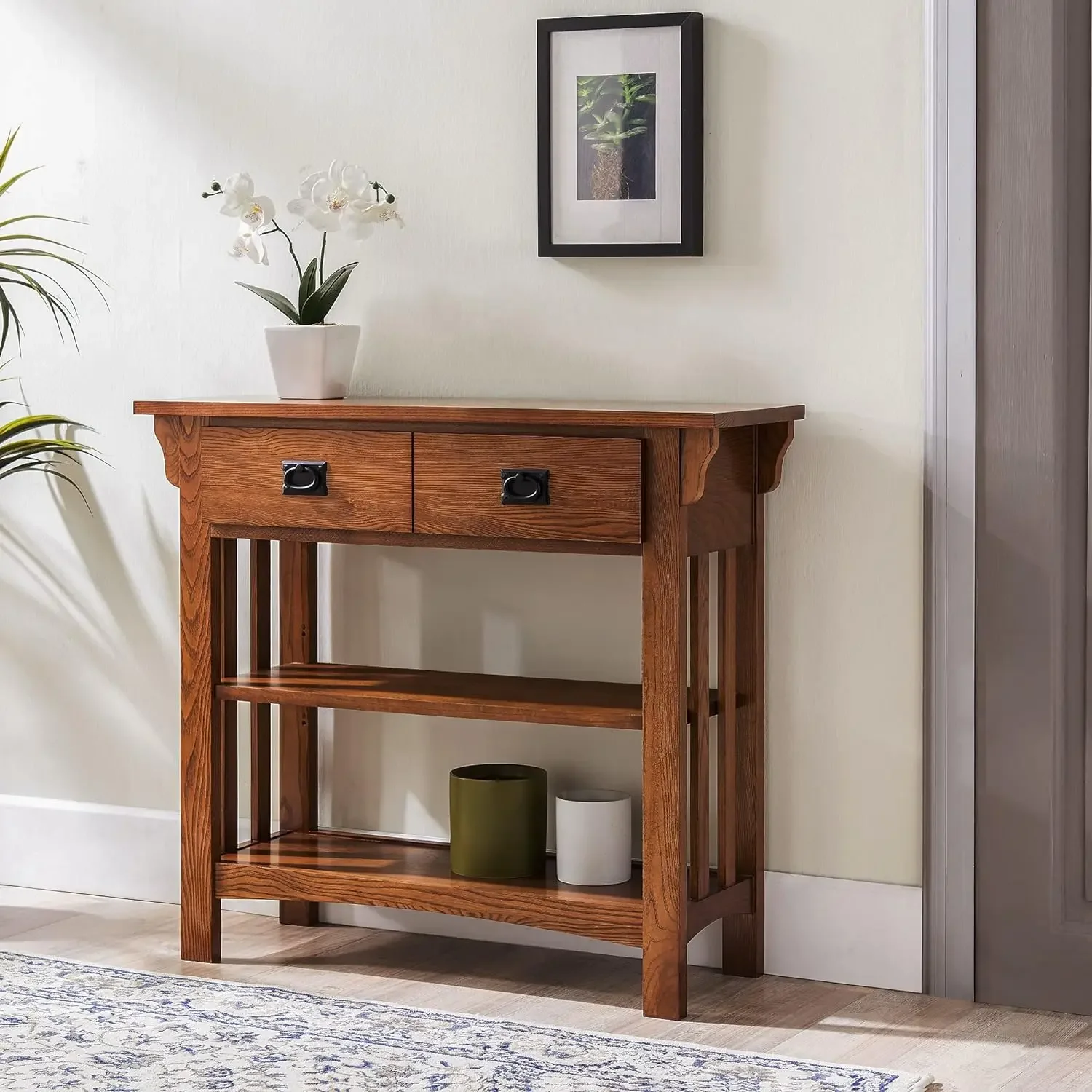 Mission Impeccable Wood Bookcase with Drawers in Medium Oak