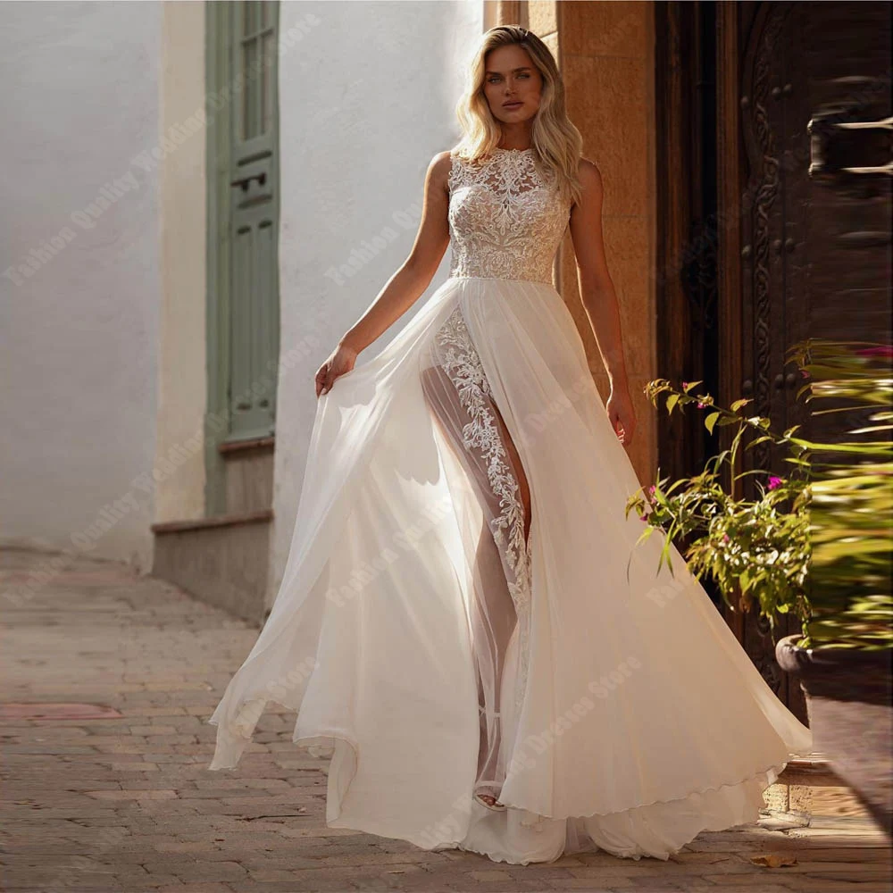 Abiti da sposa eleganti da donna senza maniche con scollo all'americana Abiti da sposa a-line con forcella alta Graziosi abiti da sposa con lunghezza lavata