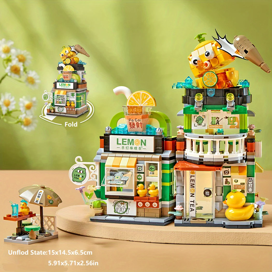 Street View Mini Building Blocks Toys, Chinese Hippest Dish Store Model Set Lemon Tea Shop River Snails Rice Noodle Shop