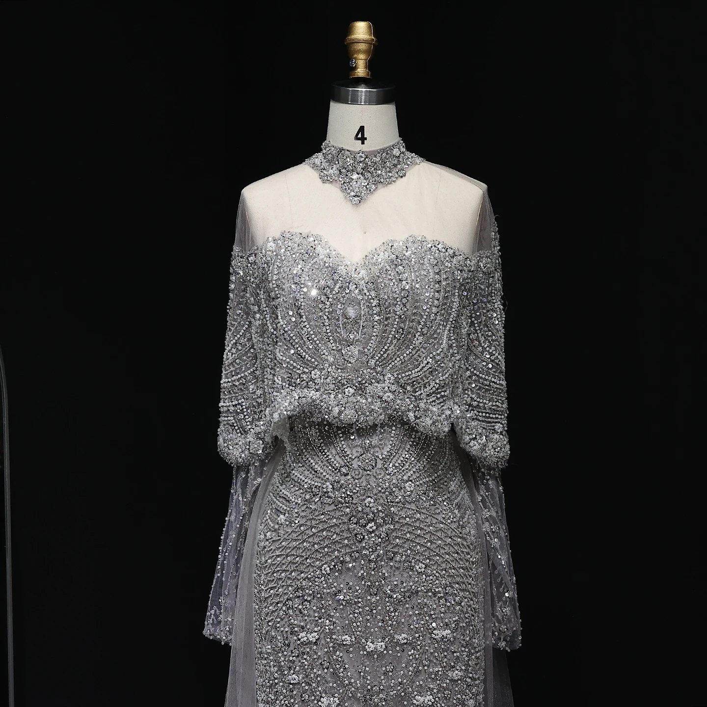 Sharon Said Gorgeous Beaded Grey Arabic Evening Dress with Shawl /Cape Long Sleeves for Women Wedding Party SS557 Customized image 4