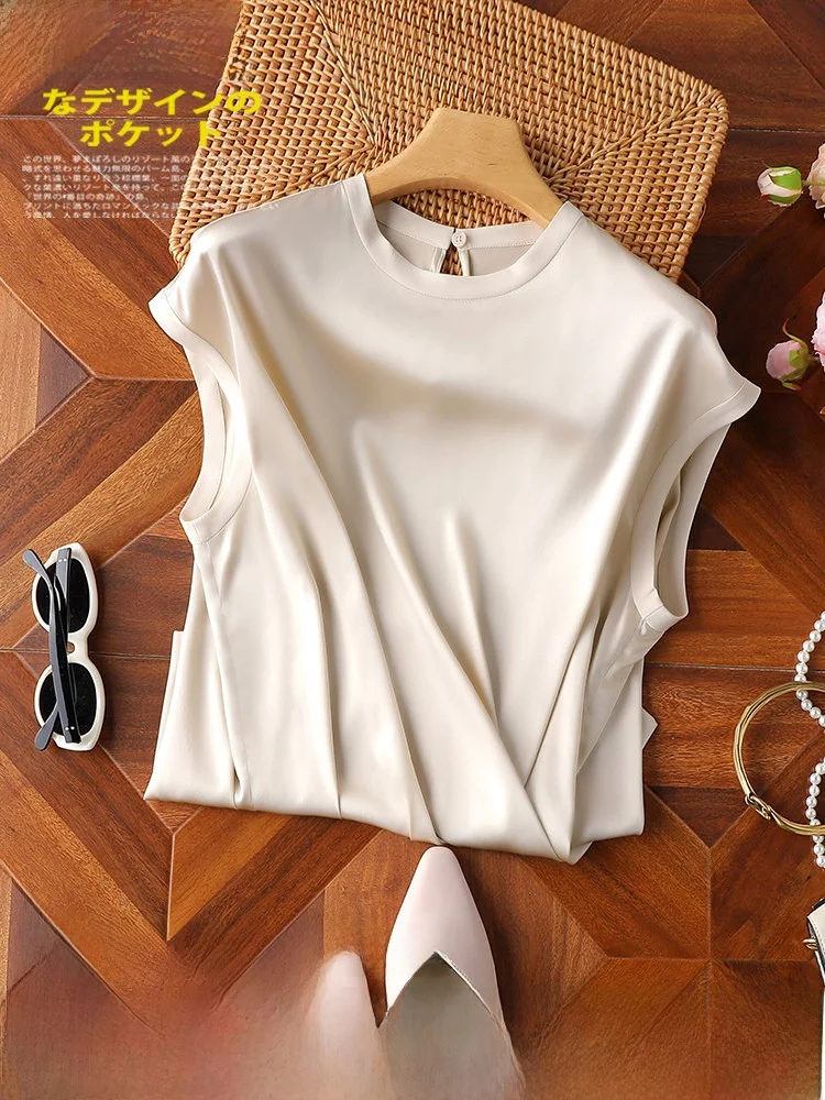 

Silk Women's T-irt Summer New Sle round Ne Svel Luxury Silk Champagne Apricot Color Commute Ele Sle