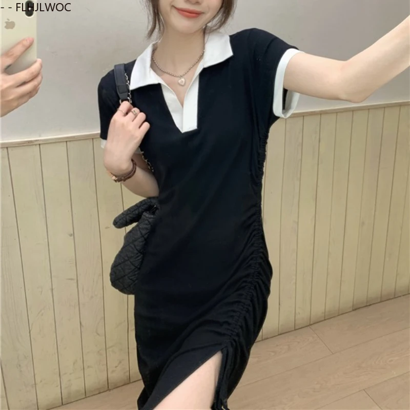 Abiti in cotone arricciato Estate Ragazze carine Donne Chic Corea Giappone Stile Casual Manica corta Colletto polo bianco Abito t-shirt