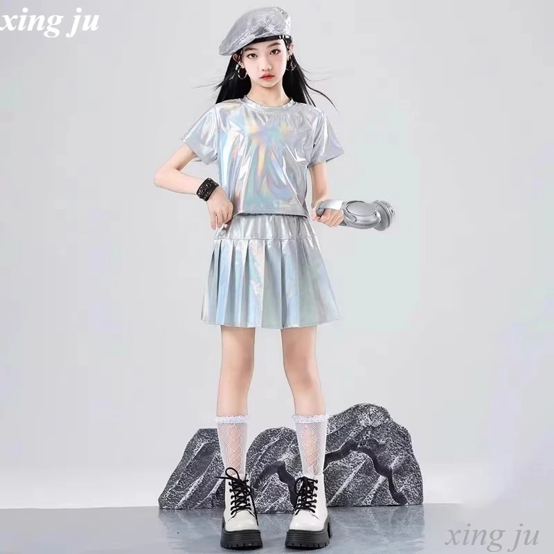 Conjuntos de Hip Hop para niñas, Top corto rosa brillante para baile callejero, Falda plisada plateada, ropa de calle para niños, disfraz de Jazz, ropa para espectáculo en escenario