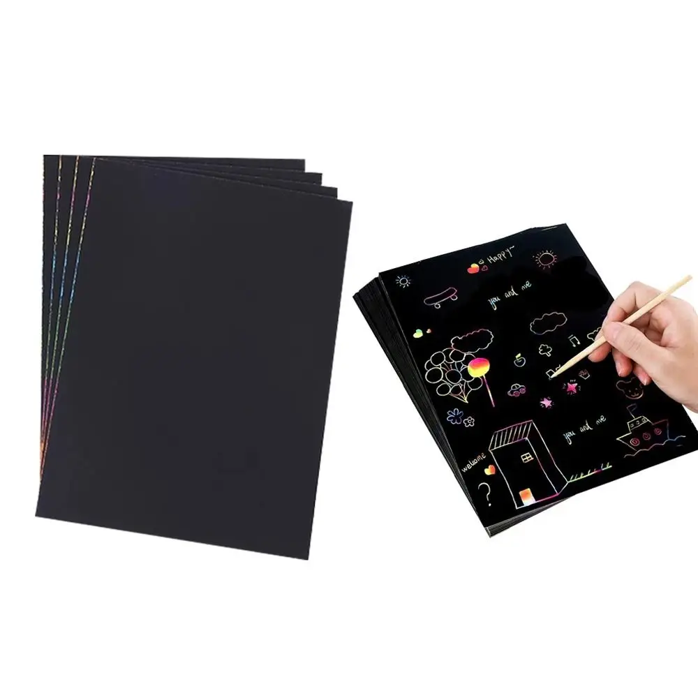 20Pcs 16/32K Scratch Painting Paper with Bamboo Stick Black Drawing Paper DIY Creative Rainbow Magic Graffiti Art Painting Kit