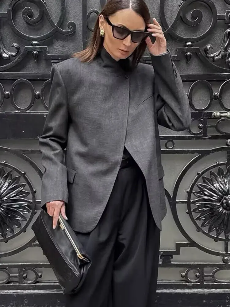 Blazer de Primavera HH 2026 para Mujer, Chaqueta de Traje a Cuadros de Moda, Cuello Alto, Botón Único, Manga Larga, Ropa de Calle Femenina