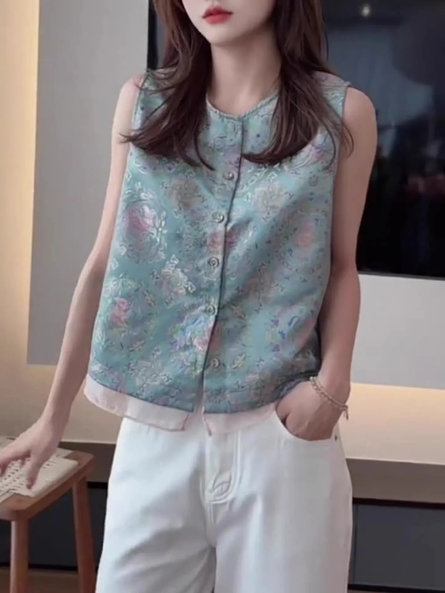 Color Blo round Ne Svel Vest Button Design Chinese Sle Printed Top Women's Faion Summer New Arrival