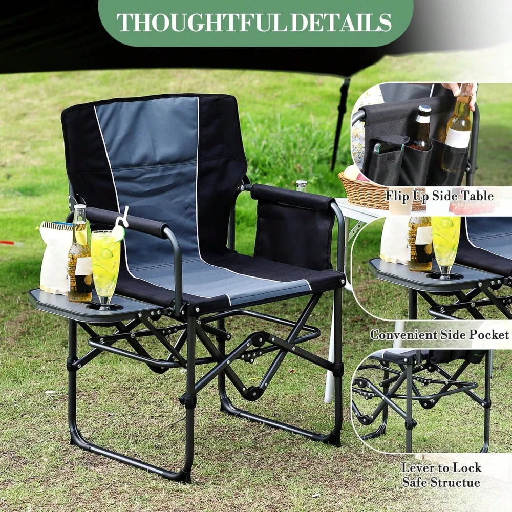 

strundghti Oversized Camping Director Chair With Side Table - 330 Lbs Heavy Duty Portable Folding Chair With Detachable Side Poc