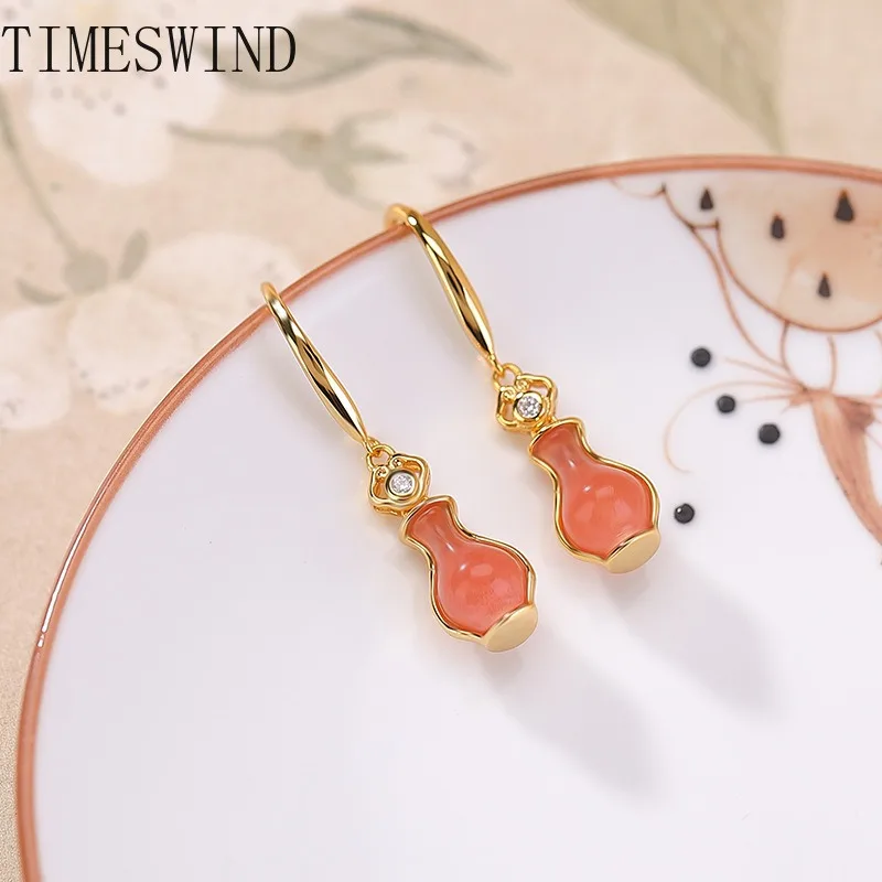 TIMESWIND Original Red Agate Ruyi Bamboo Leaf Vase S925 Silver Women Fashion Jewelry Earrings with Certificate