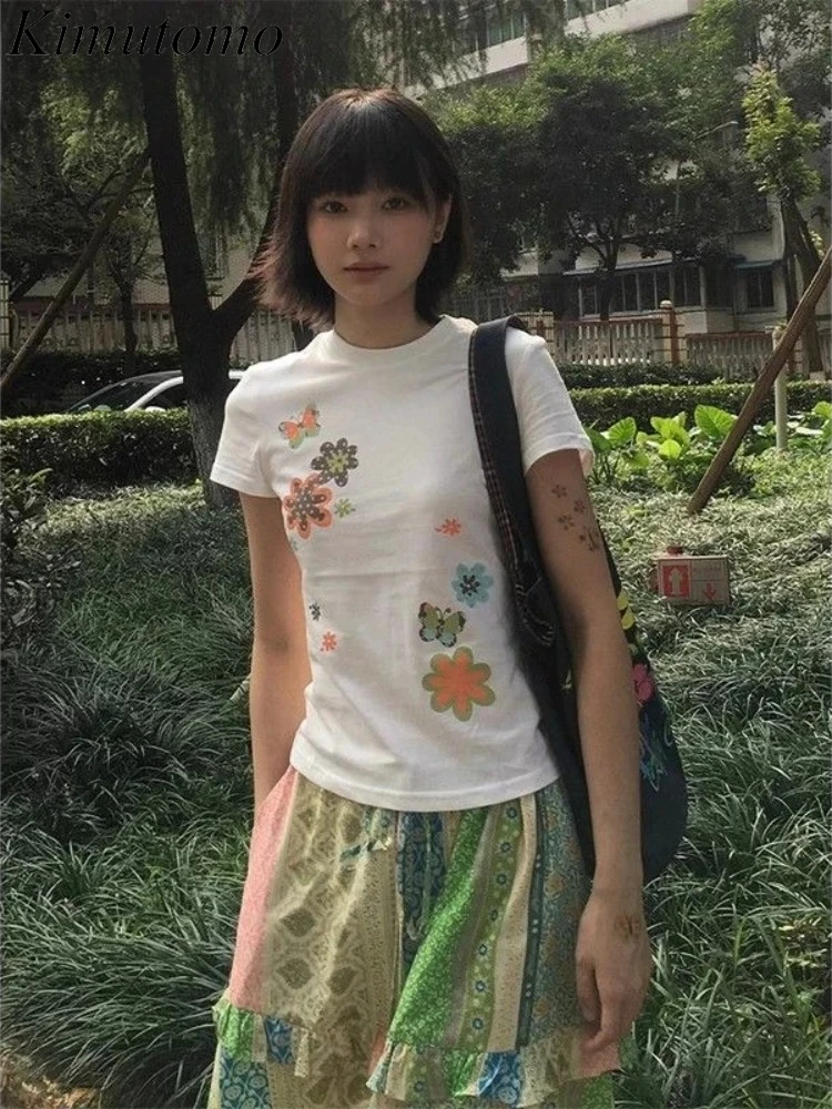 

Kimutomo T Shirts Women Short Sleeve Cartoon Printed Slim Harajuku Fashion Vintage Y2k Tops Female Casual Tee Shirt Streetwear