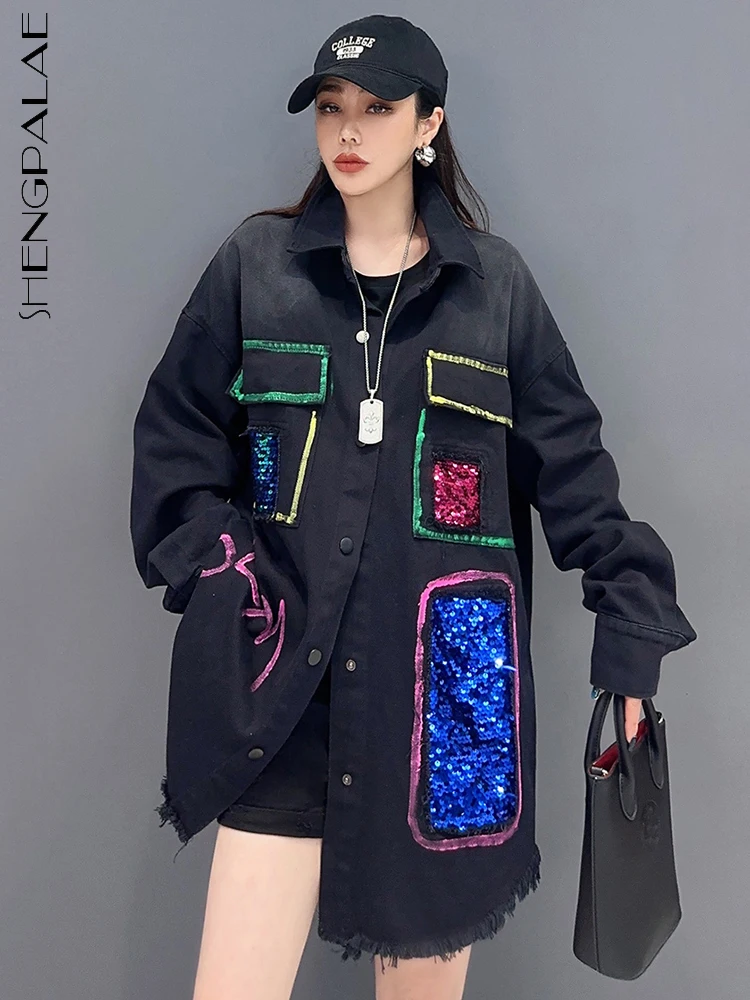 

SHENGPALAE Sequins Spliced Denim Shirt For Women Contrast Color Pocket Design Loose Fashion Blouse Coat Spring 2024 New 5R9247