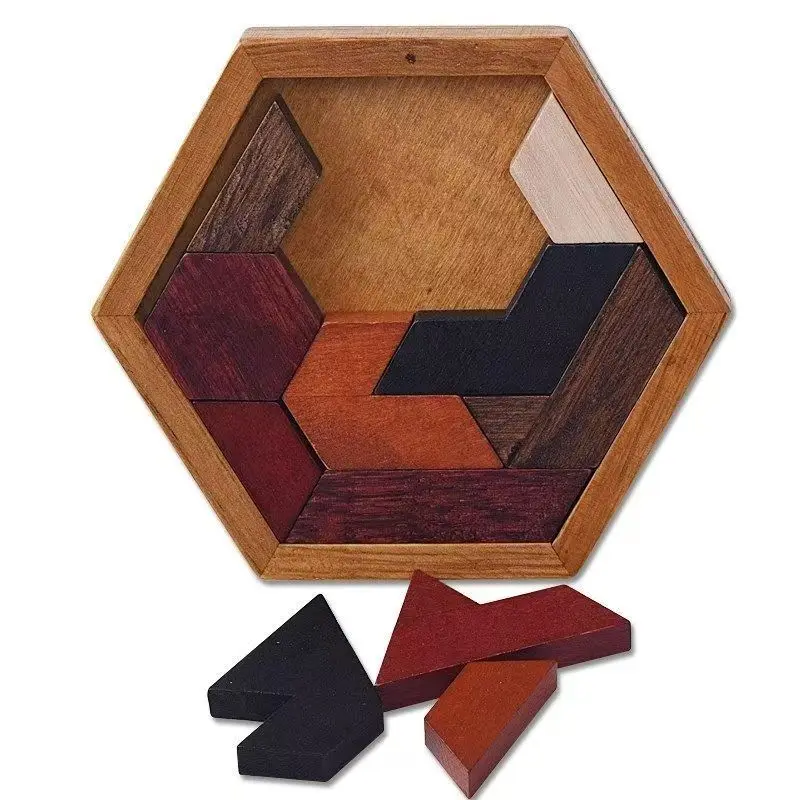 Sechseckiges Tangram-Puzzle aus Holz, Denksportaufgaben für Erwachsene und Kinder, IQ-Test, Herausforderung, Logikspiele, Rompecabezas De Madera