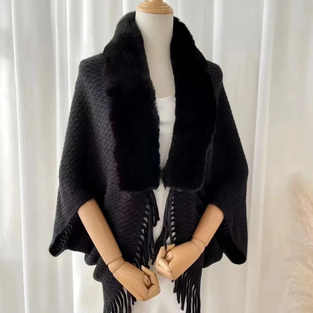 Poncho Cloak Autumn and Winter New Versatile Imitate Wool Neck Shawl Mesh Knitted Cape Tassel Scarf Women Fashion Coat