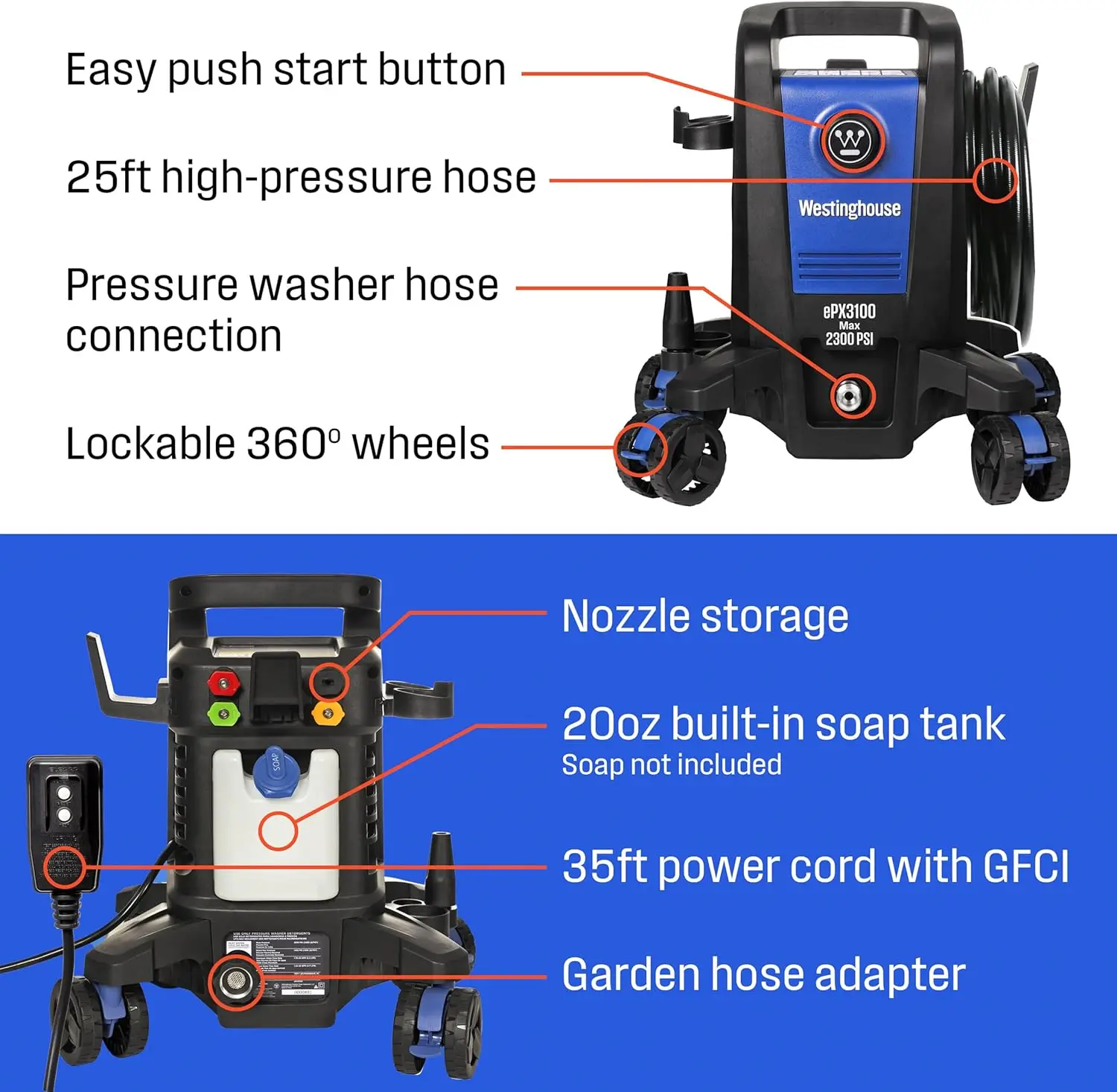 ePX3100 Electric Pressure Washer, 2300 Max PSI 1.76 Max GPM with Anti-Tipping Technology, Onboard Soap Tank, Pro-Style Steel Wan