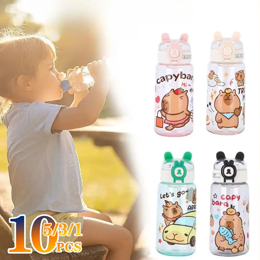 1-10PCS Capybara Cartoon 500ml Portable Large-capacity Water Bottle Sports Straw Cups Student Plastic Water Cups Water Bottle