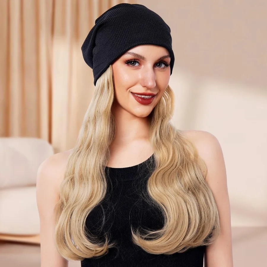 طويل مجعد الشعر الاصطناعية قبعة شعر مستعار محبوك قبعة مع الشعر المرفقة للنساء الأبيض شقراء تأثيري قبعة متموجة قبعة مثالية ل C