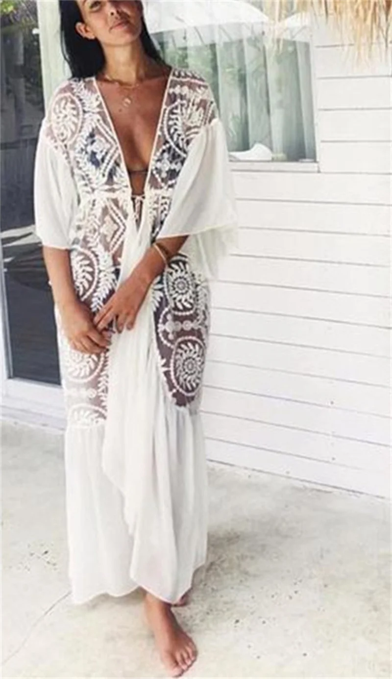 Vestido playero largo de encaje para mujer, traje de baño Sexy de gasa para cubrir Bikini, cárdigan, bata de salón, camisa de protección solar para vacaciones, Blusa