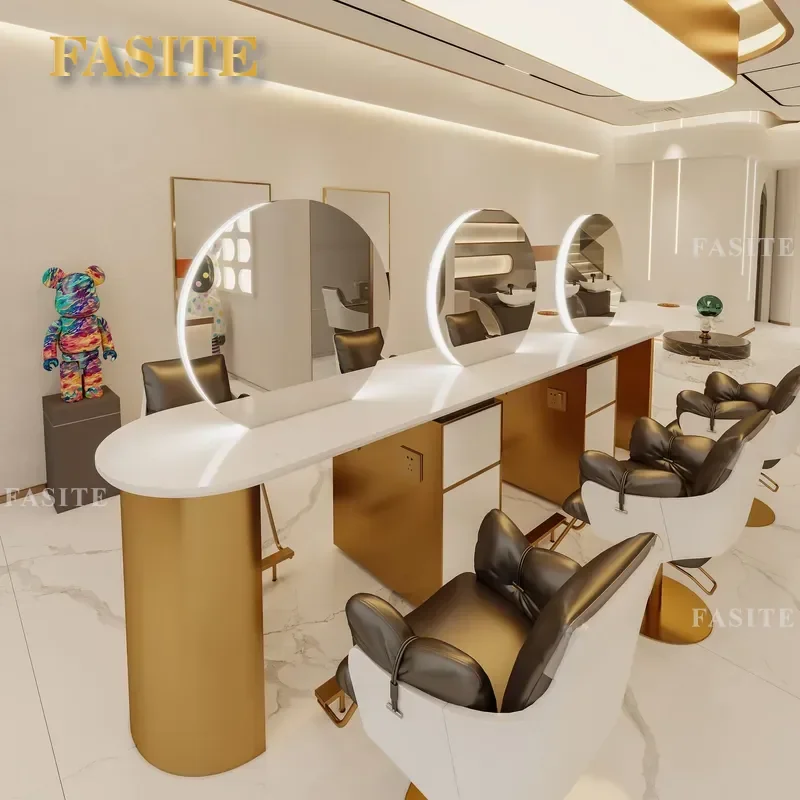 For Hair Stainless Steel Barber Mirror Table with Marble Top Double Sided Perm Dye Station Professional Furniture
