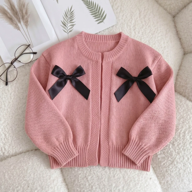 2026 Autumn and Winter Hot Selling Children's Satin Ribbon Double Bow Decoration Knitted Casual Simple Sweater