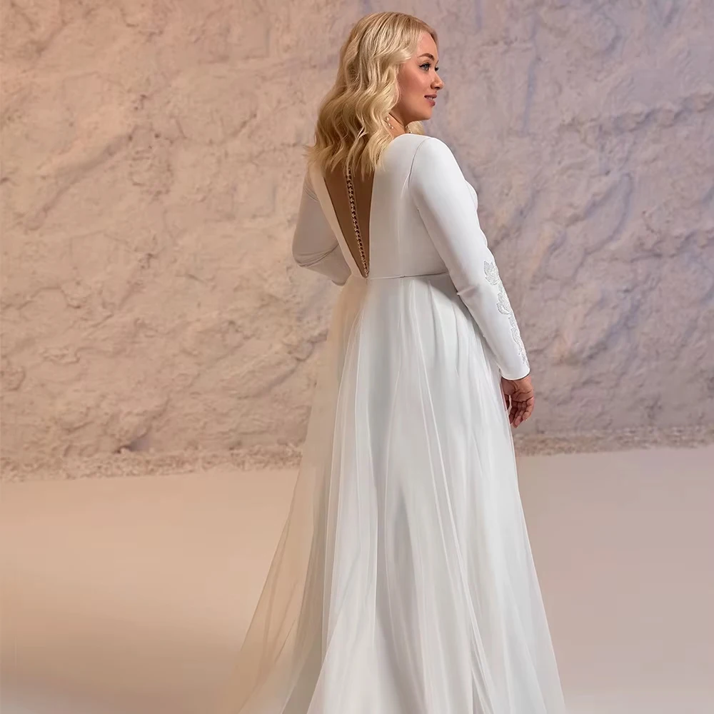Customized Sexy New Wedding Dress Plus Size Bride Long Sleeves Deep V NECK Slit A Line Modern Sweep Train Vestidos Bridal Gown
