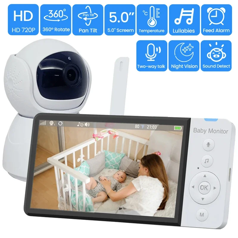 5.0 Inch Wireless Video Baby Monitor 5000mAh Battery IPS Screen With Nanny PTZ Camera 2-way Audio VOX Lullaby SD TF Card Record