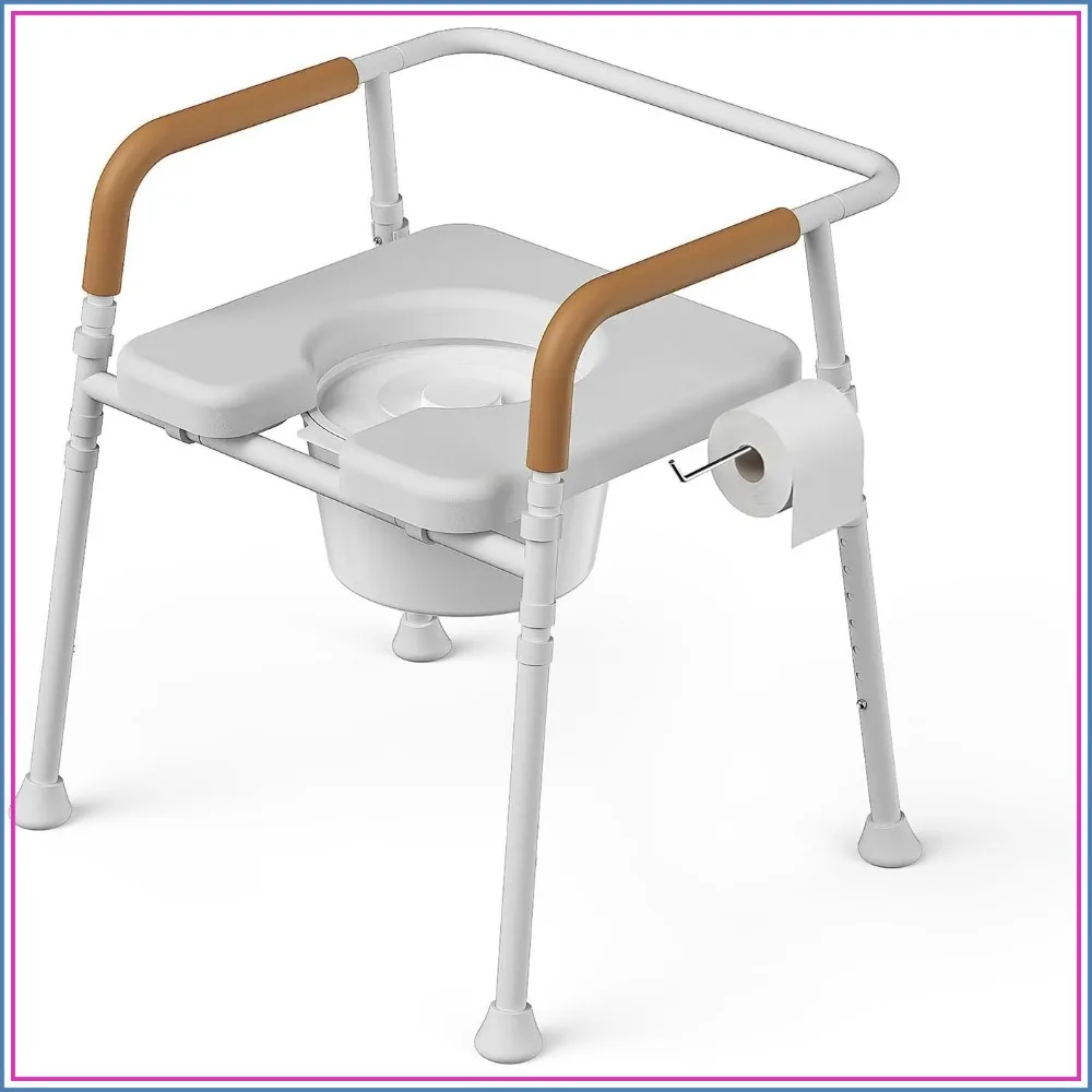 Bedside Commode with Padded Seat, Portable Toilet for Adults & Seniors, Height Adjustable, 350 lbs Capacity, Removable Bucket
