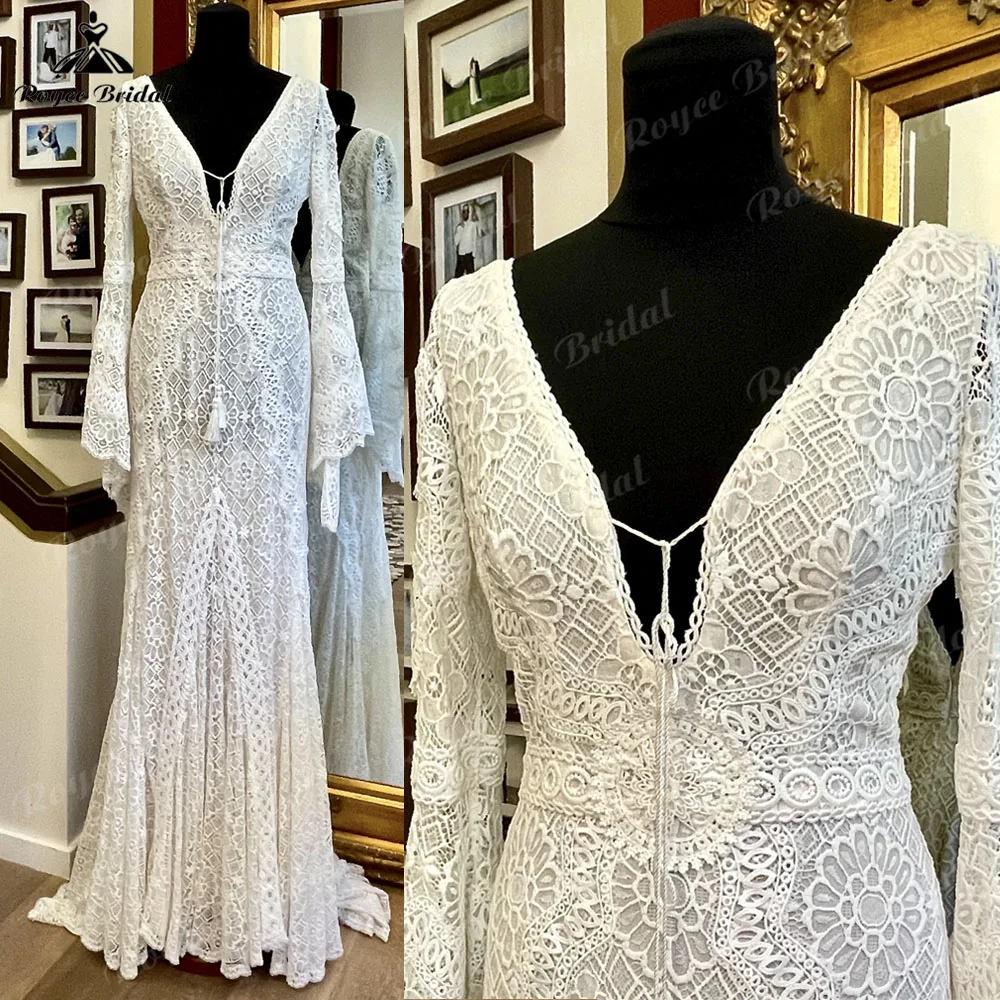 Tiefer Lange Flare Hülse Spitze Boheme Meerjungfrau/Trompete Boho Hochzeit Kleid für Frauen 2023 Robe Mariee Brautkleider Custom maß