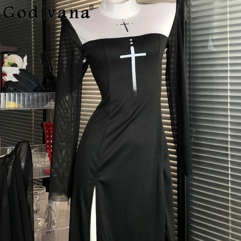 Puro escuro goth cosplay vestido feminino sexy alta divisão manga longa vestido de halloween feminino role play carnaval vestido de festa