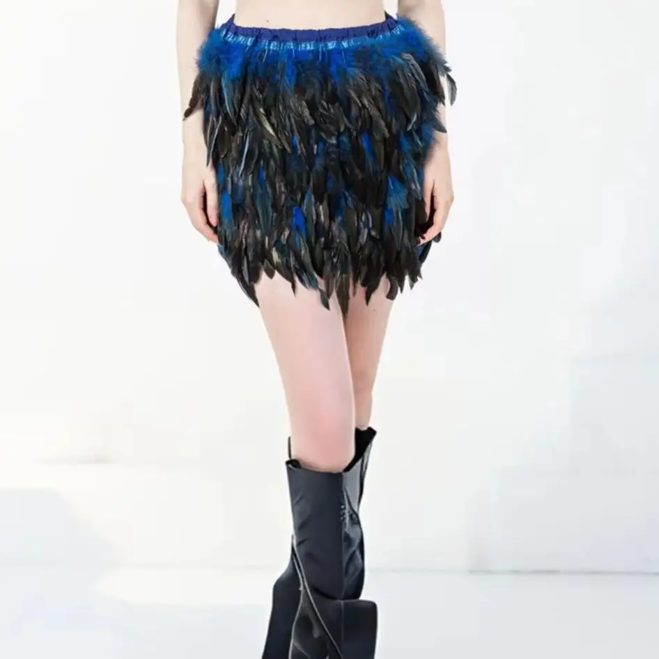 Real Natural Feather Skirt for Women, Multi-Color, Elastic Waist, Dress Costume, Cosplay Cloth, Royal Blue, 210711