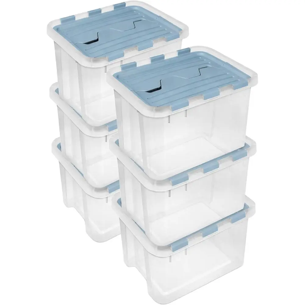 6-Pack Hinged Lid Storage Box, Plastic Organizer Containers, 30 Qt, Washed Blue - Large Stackable Tote Boxes with Lids or Home,
