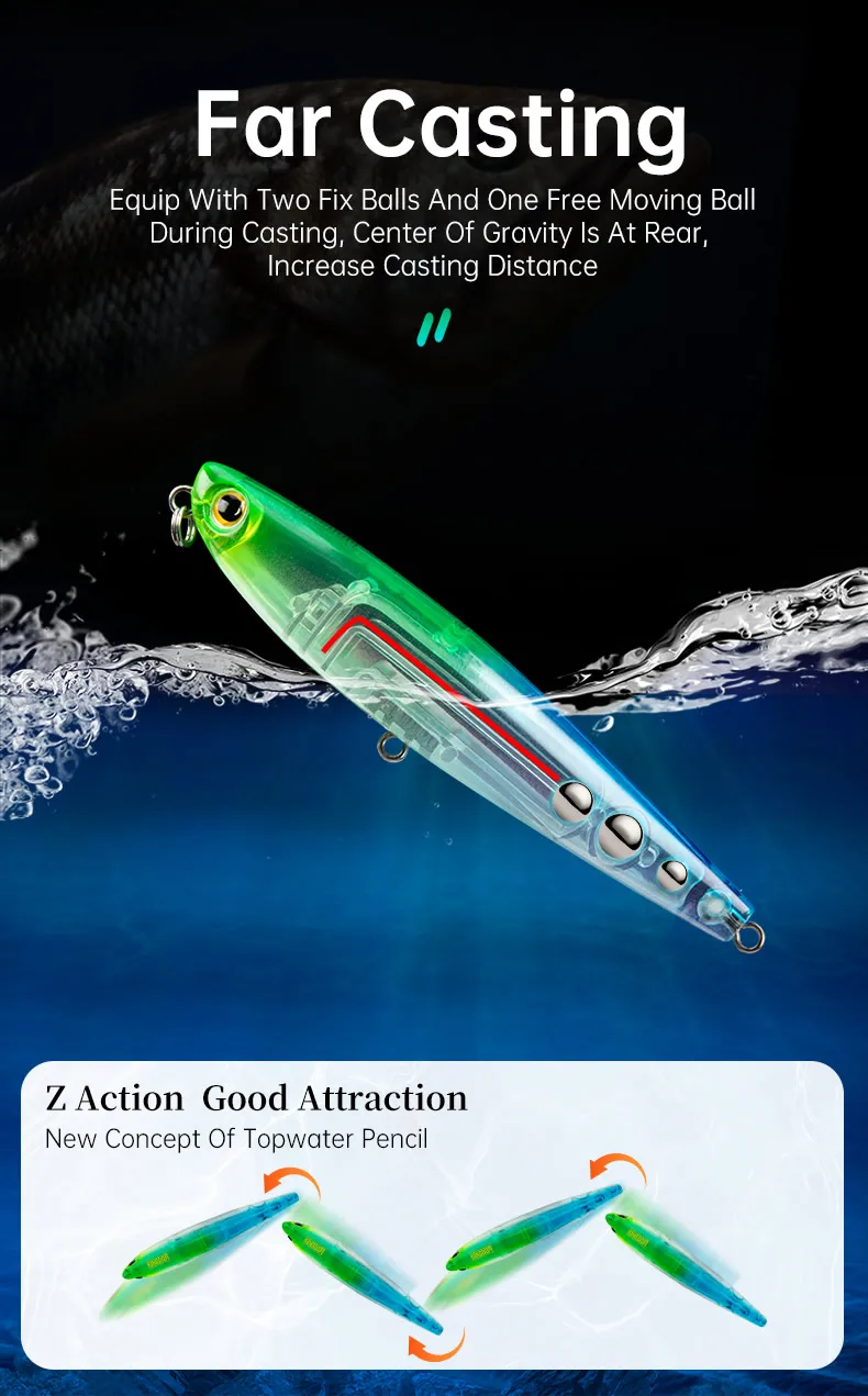 Kingdom Topwater Bleistift-Angelköder, 60 mm, 5,6 g, 90 mm, 11 g, Walking Dog Swimbaits, schwimmende künstliche Hartköder für Barsch, Hecht – Detail 8