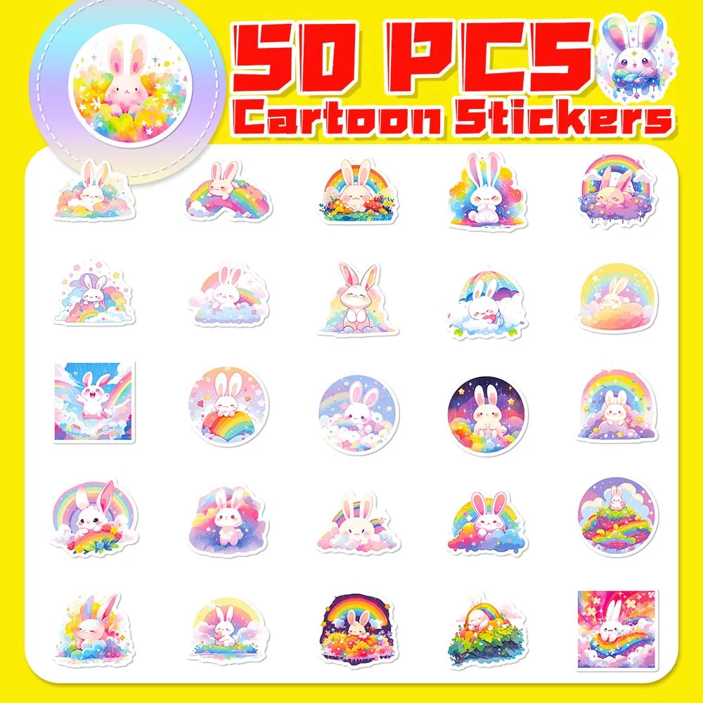 10/50Pcs Kawaii Rainbow Rabbit Cartoon Cute Animal Aesthetic Varied Sticker Pack for Kid Wall Laptop Decoration Graffiti Decals