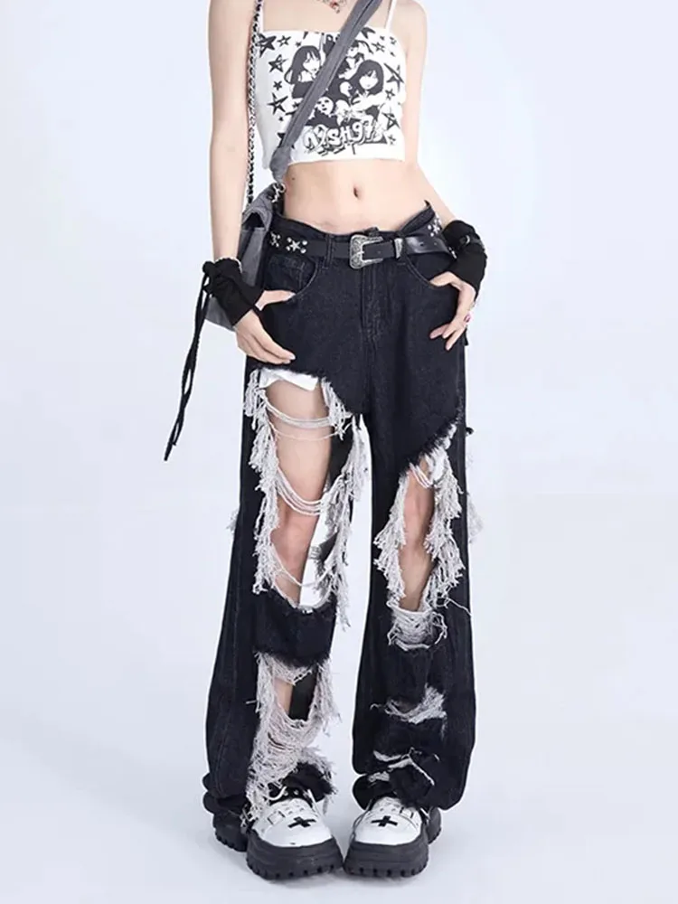 Jmprs High Street Women Ripped Jeans Y2K High Waist Hole Fashion Tassel Female Denim Pants Designed Spring Trousers