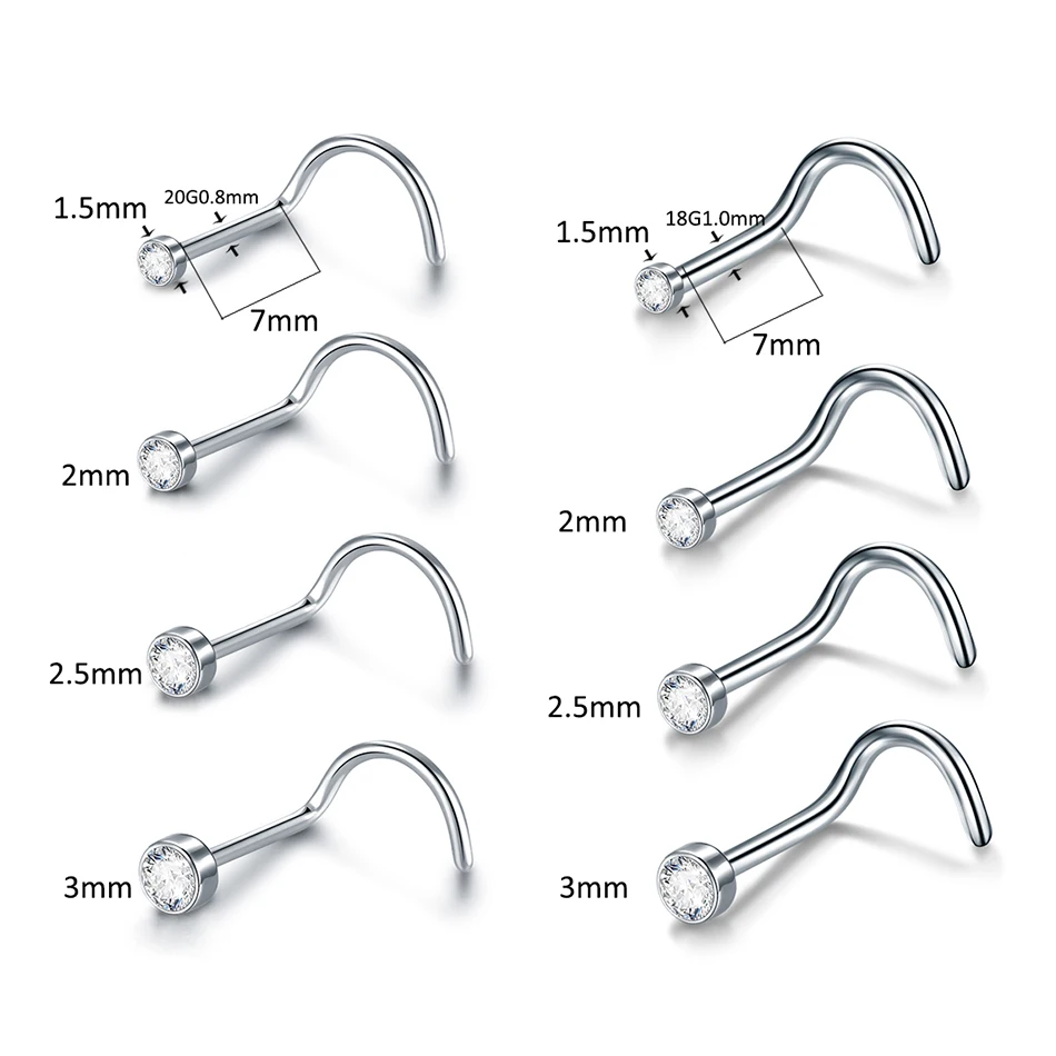 1/10pcs Surgical Steel Nose Studs Piercing Crystal Nose Screw Flat CZ Nostril Earrings Piercing Nariz Jewelry Nose Rings 20G 18G