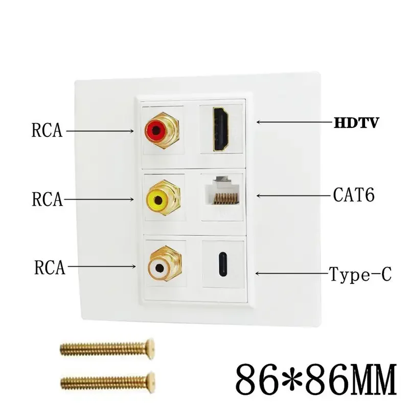 4K High-Definition Cable HDMI Compatible Socket+CAT6+USB C+Audio And Video 3RCA Wall Plug 86 Type Multimedia Panel