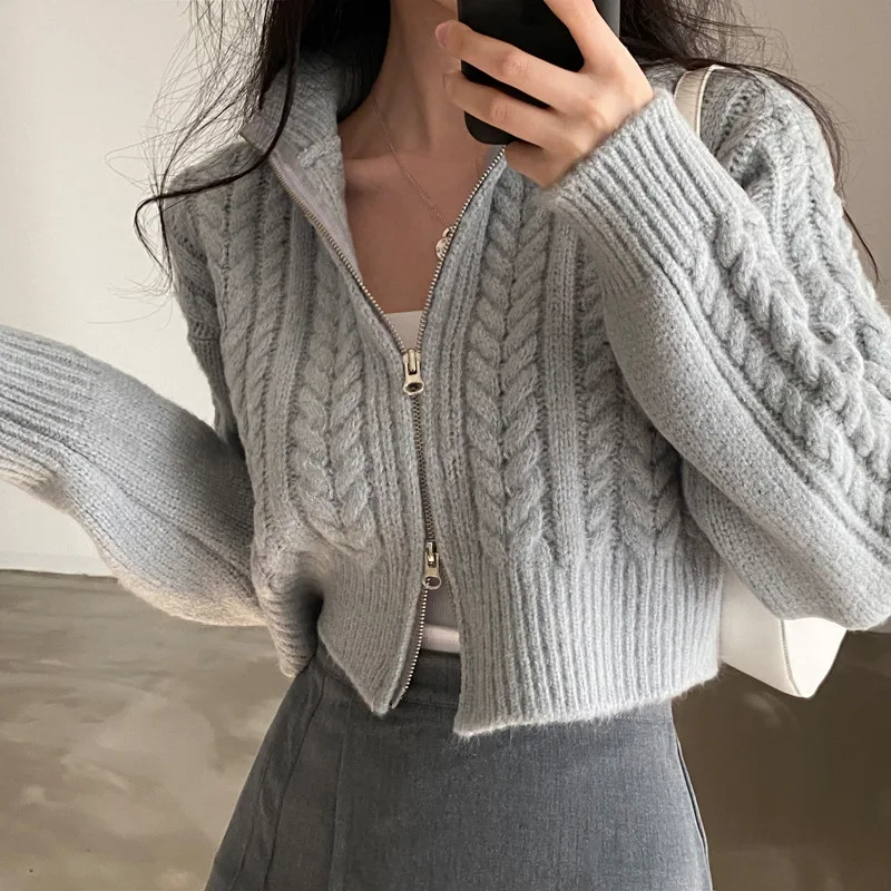 Short Solid Color Casual Long Sleeve Double Zipper Sweater Coat New Women\'s Autumn Winter Casual Slim Fit Polo Knitted Cardigan