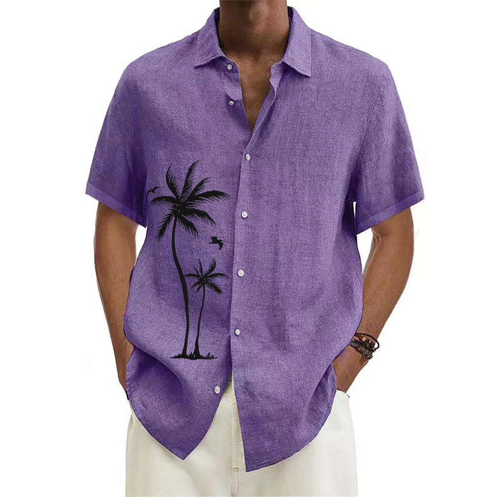 Camisa de manga corta con estampado Floral de árbol de Coco para hombre, camisa informal de verano con solapa para playa, ropa con botones a la moda, talla grande