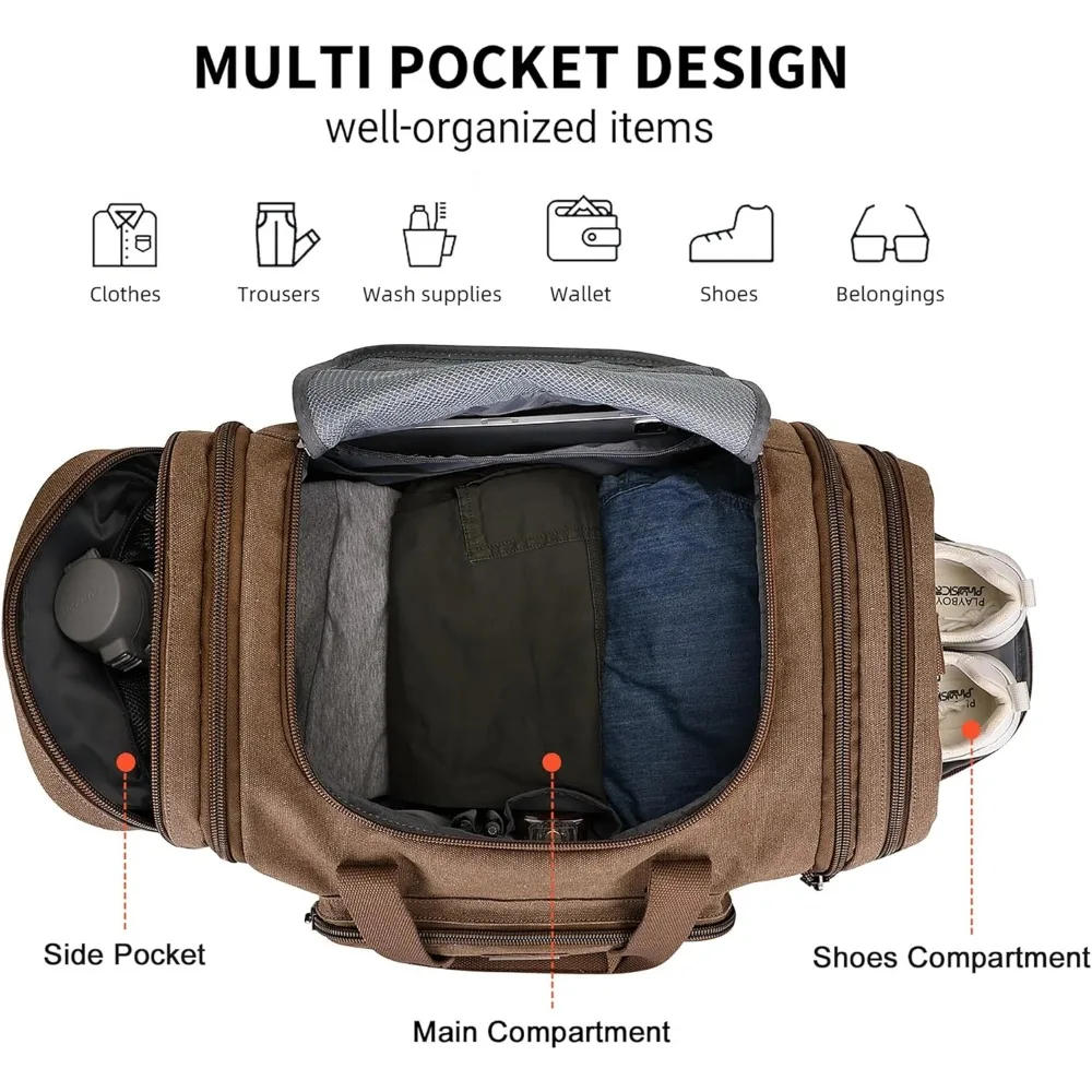 حقيبة سفر قماشية قابلة للتوسيع لعطلة نهاية الأسبوع للرجال - حقيبة حمل واق من المطر مثالية للرحلات الليلية والسفر
