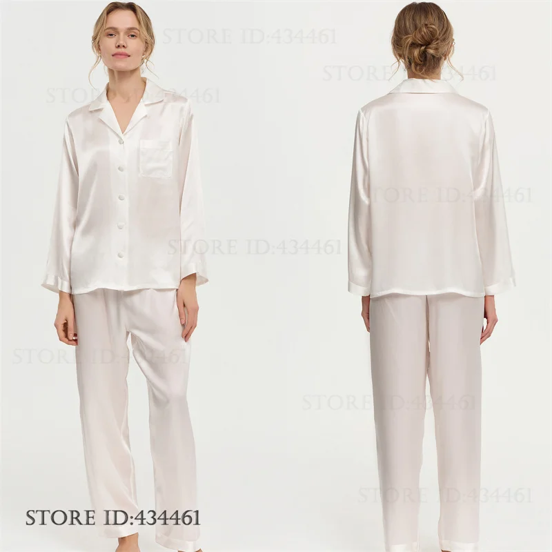 100% Silk Pajamas Elegant White Women's Sleepwear Long Sleeve Trouser Suits Spring Autumn New Pijamas Homewear Luxury Loungewear