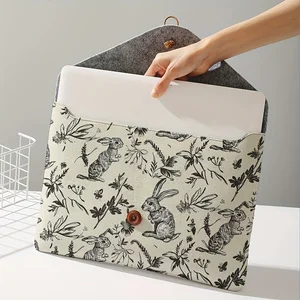 Sketch Rabbit Floral Print Envelope Laptop Sleeve Button Closure Shockproof Notebook Protective Bag For Travel Office
